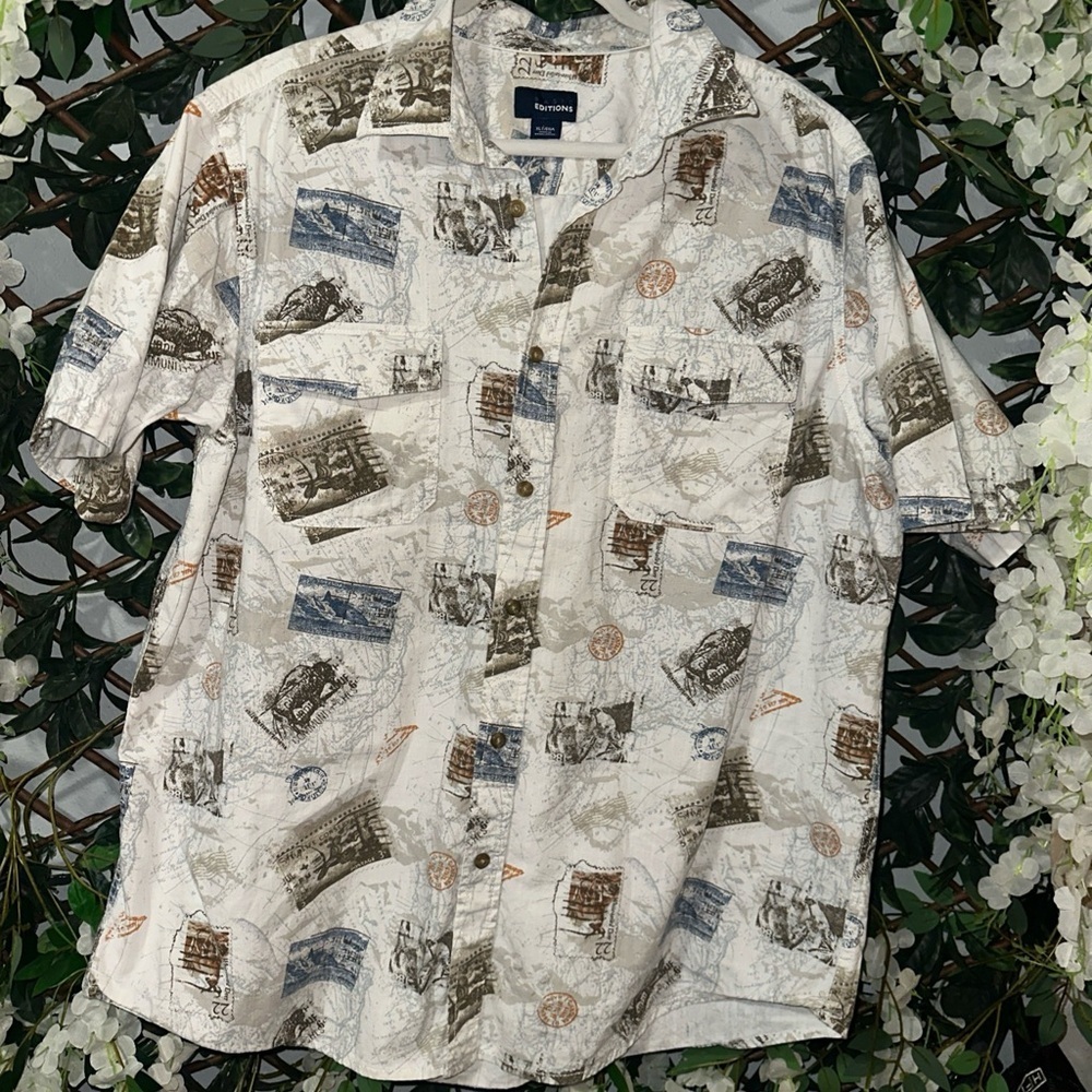 Basic Editions Men's White and Blue Map Print Shirt